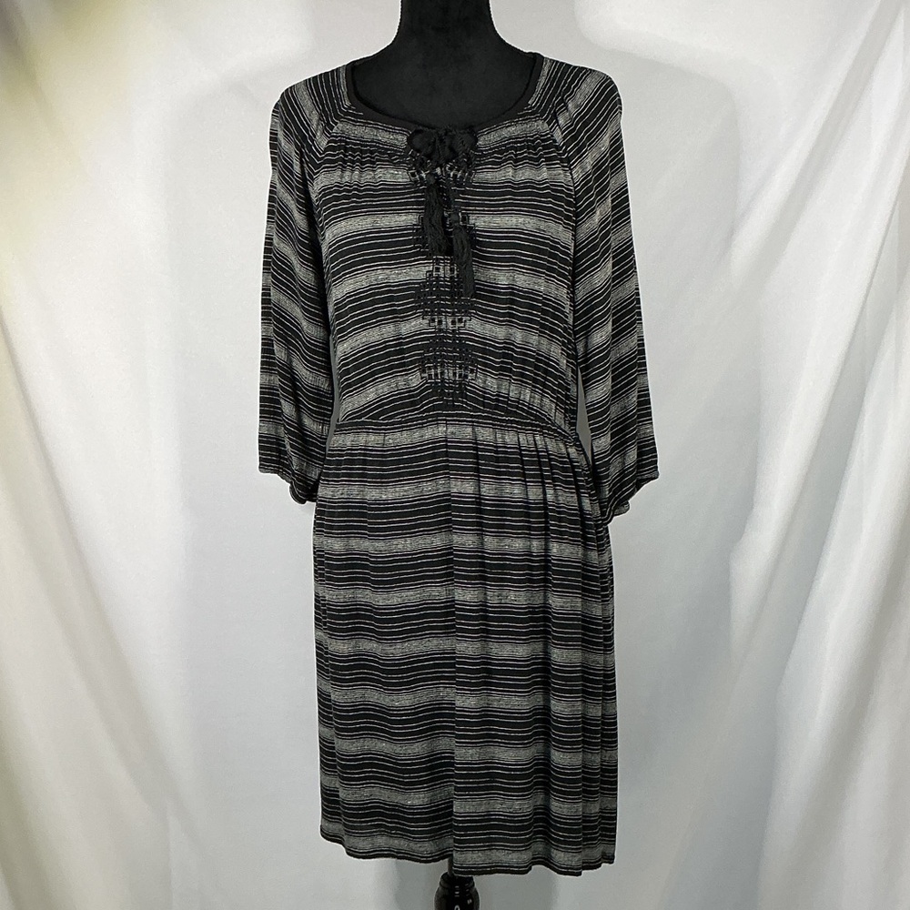 LOFT Black White Striped Peasant Midi Dress Boho Embroidered Tassel Long Sleeve
